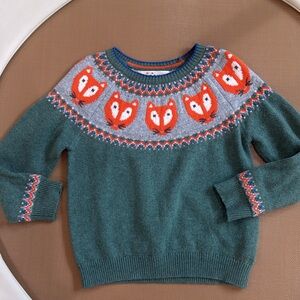Mini Boden Green Sweater with Orange Fox Yoke